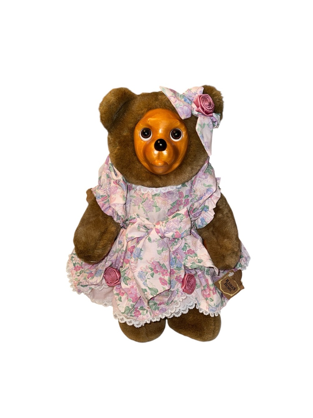 SOFIE Vintage-Style Brown Plush Bear in Pink Floral Dress